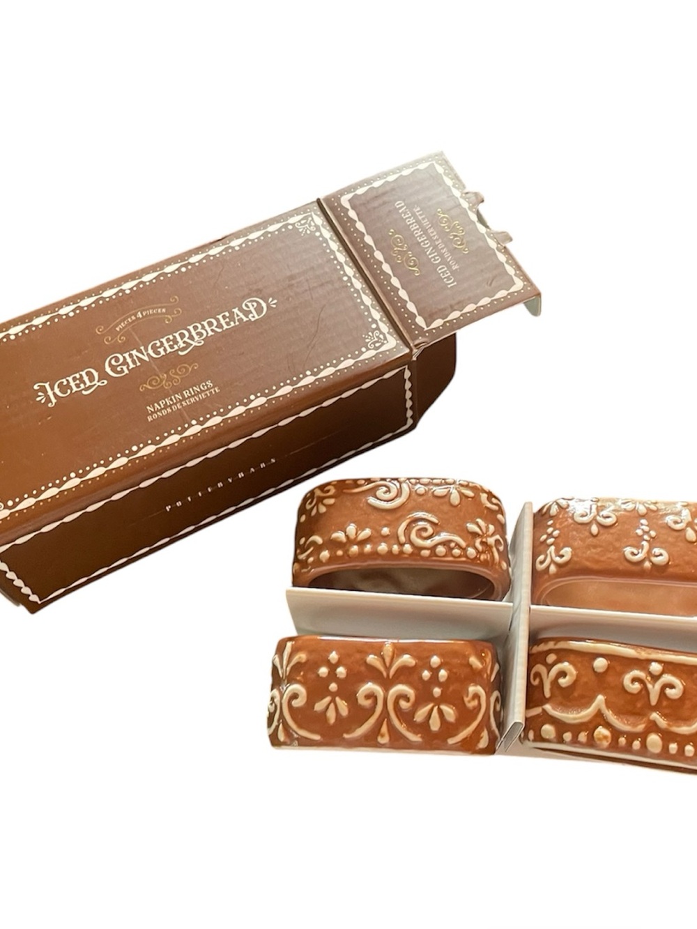 Pottery Barn Iced Gingerbread Napkin Rings New in Box Set of 4